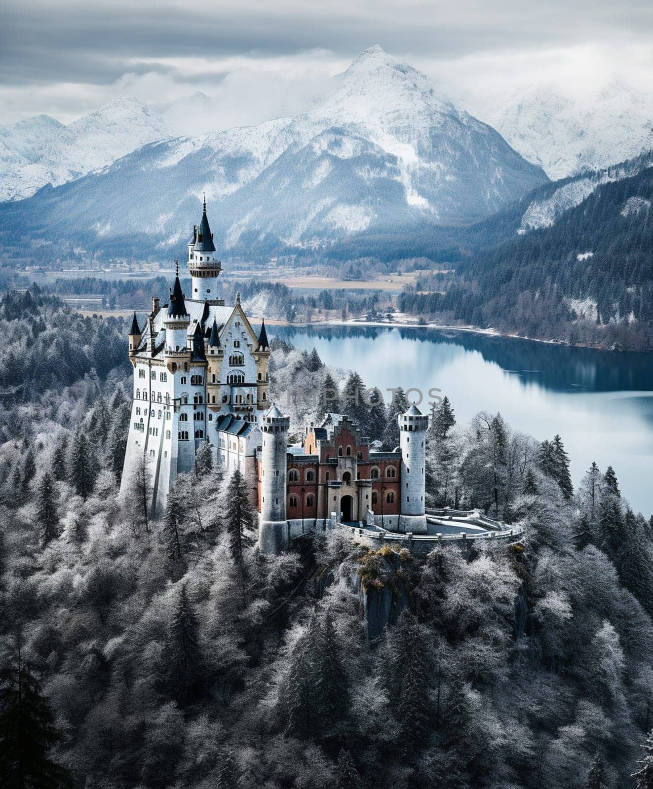 Beautiful view of world-famous Neuschwanstein Castle, the nineteenth-century Romanesque Revival palace built for King Ludwig II on a rugged cliff near Fussen, southwest Bavaria, Germany by Andelov13