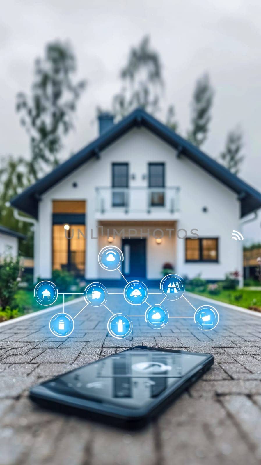 concept of a smart home with a smartphone in the foreground on a pathway, showcasing icons representing various home automation features, with a modern house blurred in the background. vertical