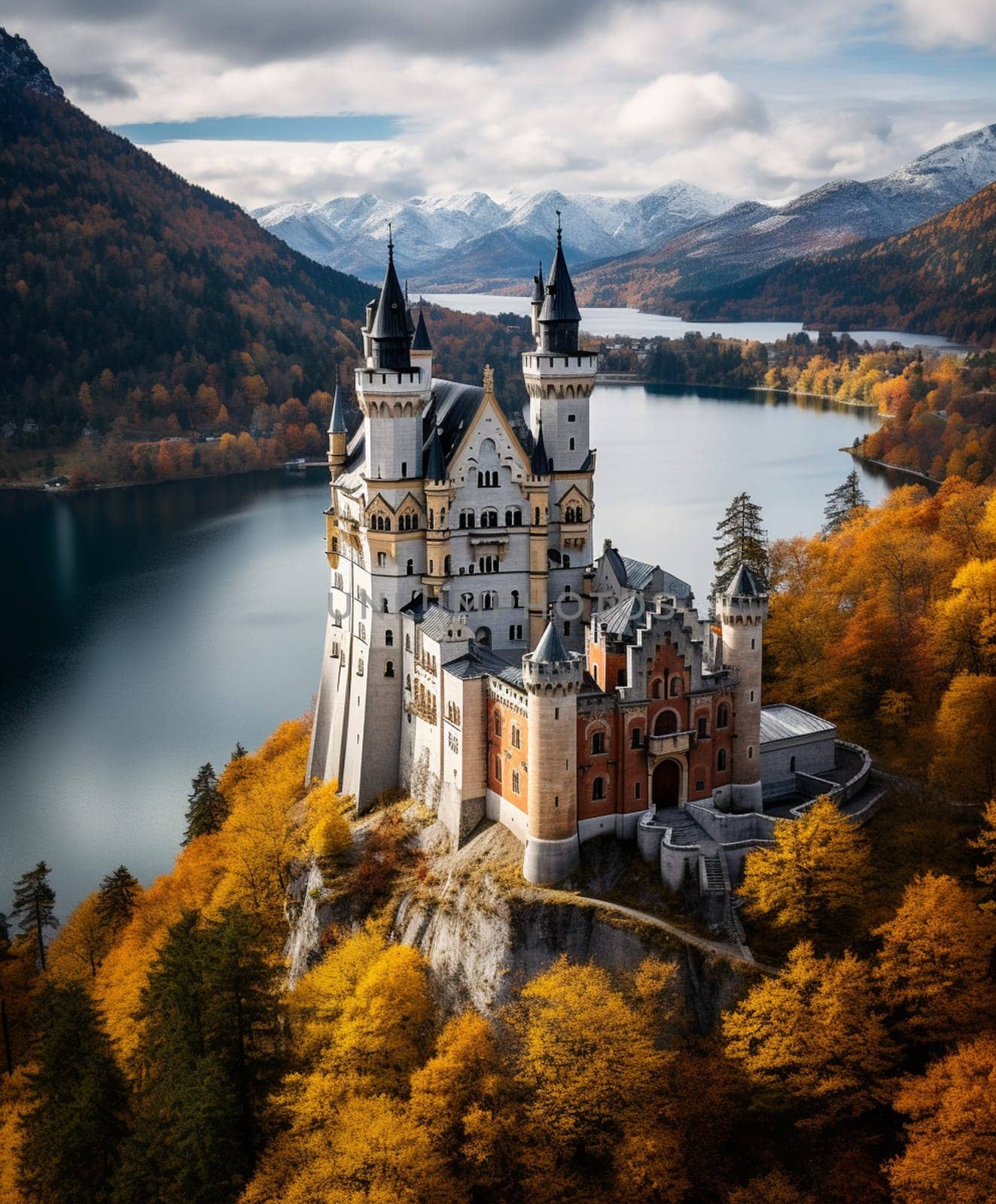 Beautiful view of world-famous Neuschwanstein Castle, the nineteenth-century Romanesque Revival palace built for King Ludwig II on a rugged cliff near Fussen, southwest Bavaria, Germany by Andelov13