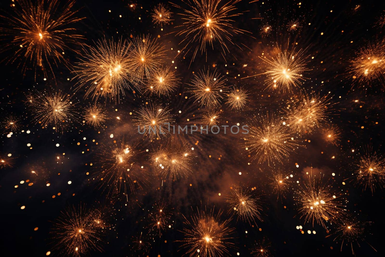 Elegant gold and black background with fireworks and light sparkles. Background for birthday celebrations, big events, congratulations and holidays like 4th of July or New Year's Eve by Andelov13