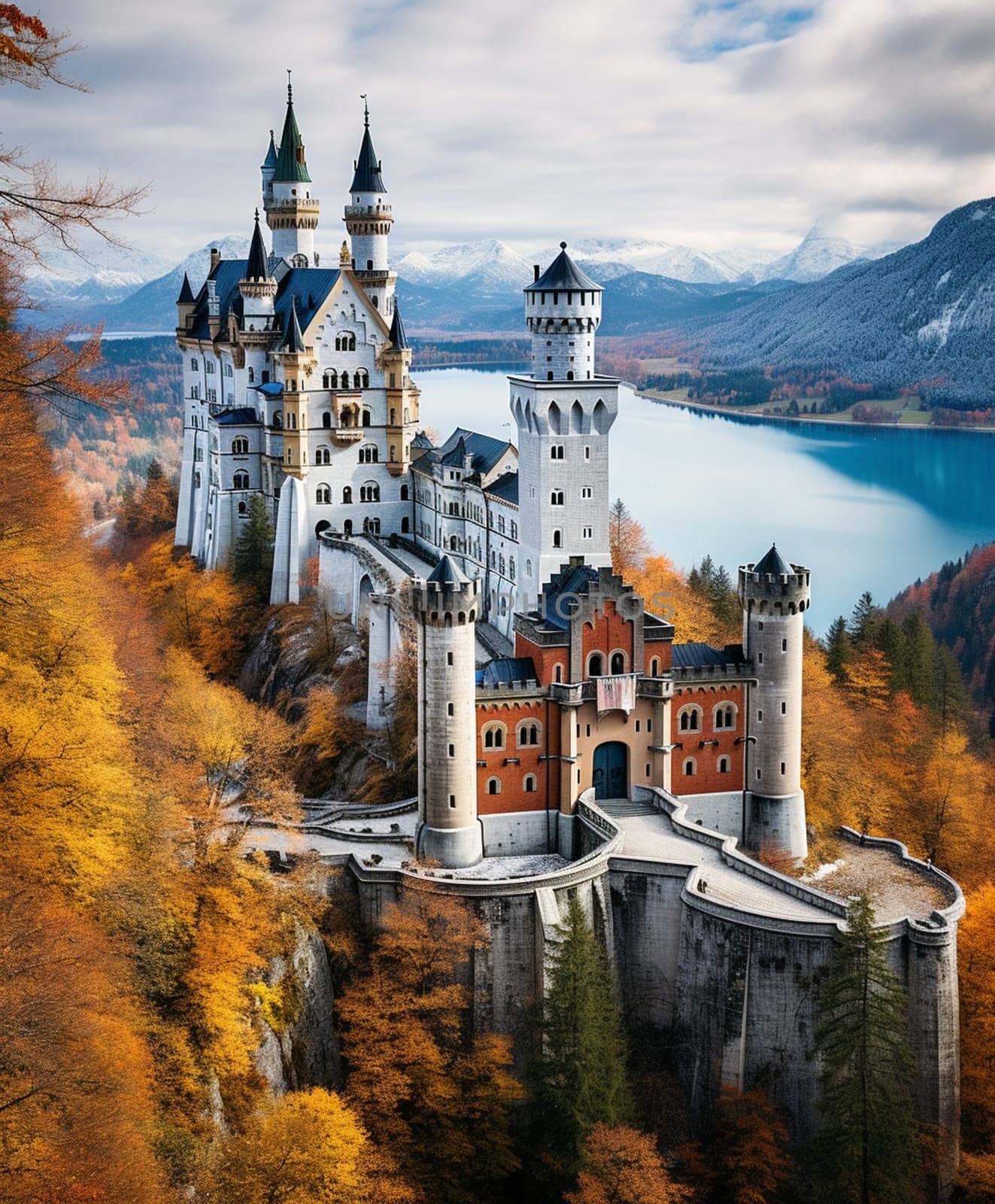 Beautiful view of world-famous Neuschwanstein Castle, the nineteenth-century Romanesque Revival palace built for King Ludwig II on a rugged cliff near Fussen, southwest Bavaria, Germany. High quality photo