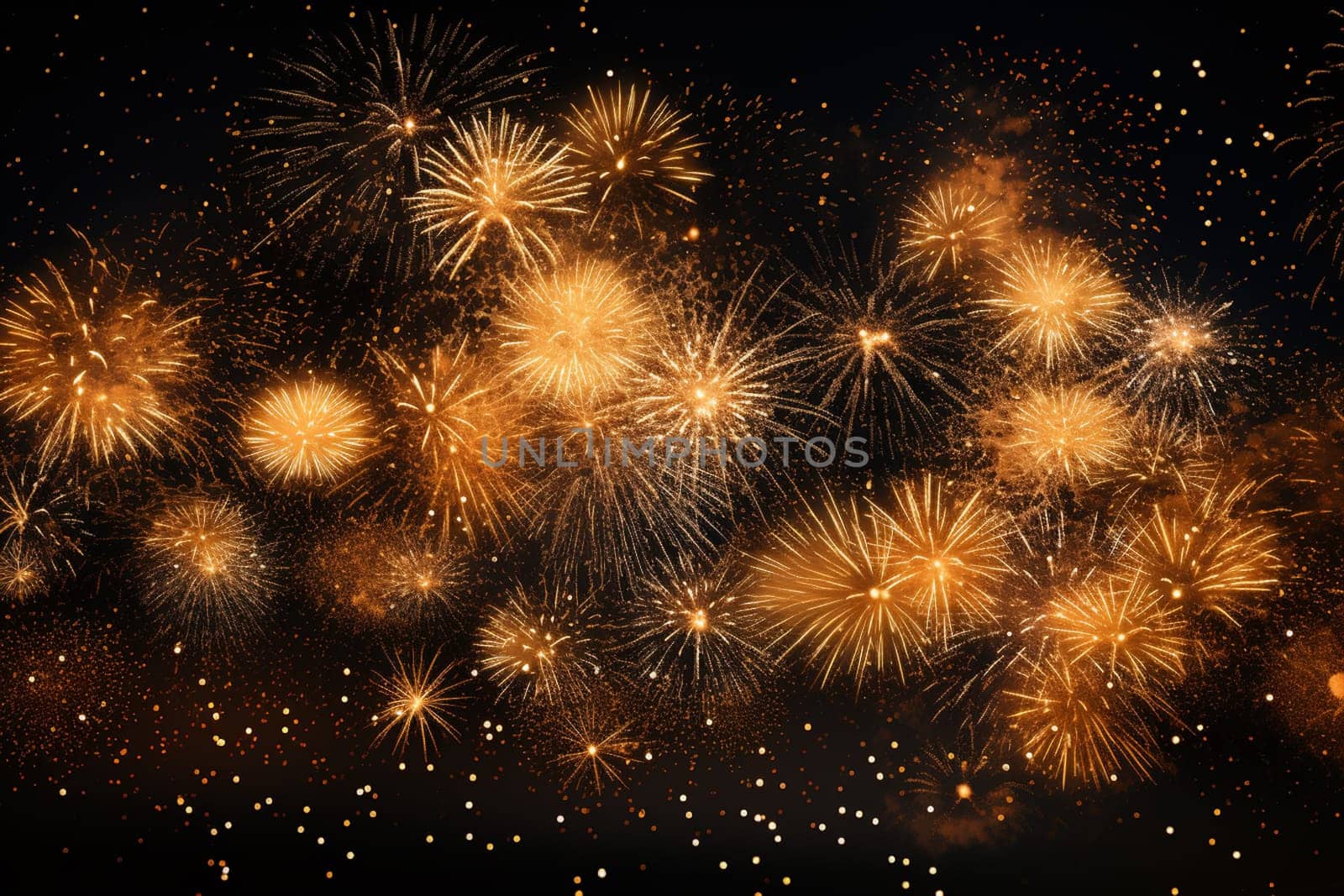 Elegant gold and black background with fireworks and light sparkles. Background for birthday celebrations, big events, congratulations and holidays like 4th of July or New Year's Eve. High quality photo