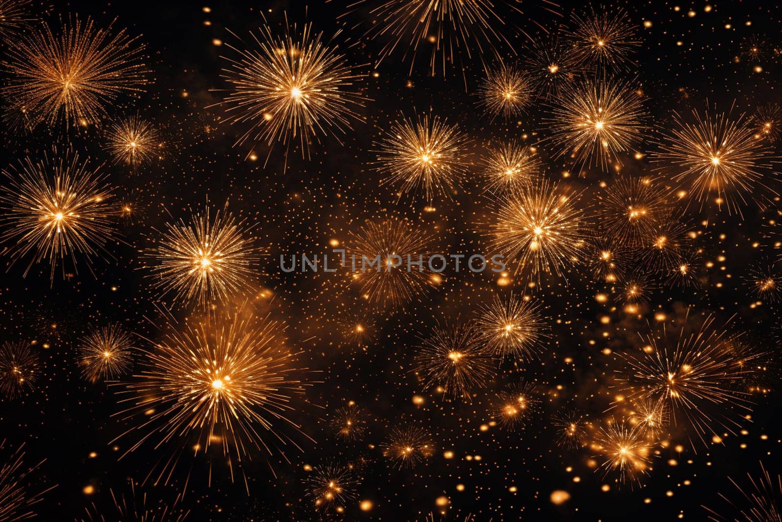 Elegant gold and black background with fireworks and light sparkles. Background for birthday celebrations, big events, congratulations and holidays like 4th of July or New Year's Eve. High quality photo