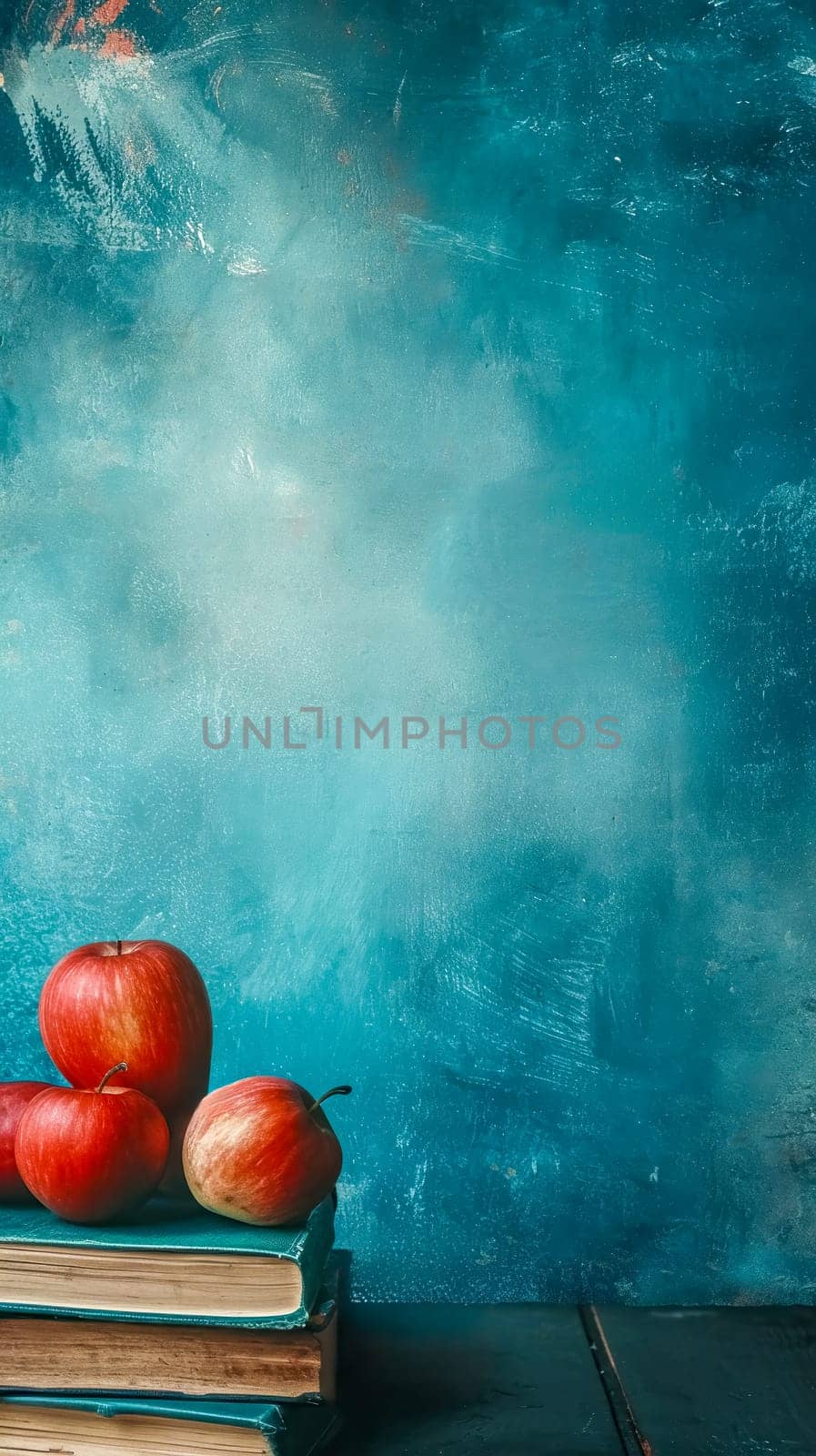 books with three red apples on top, set against a textured turquoise backdrop with space for text, evoking themes of education and knowledge. by Edophoto