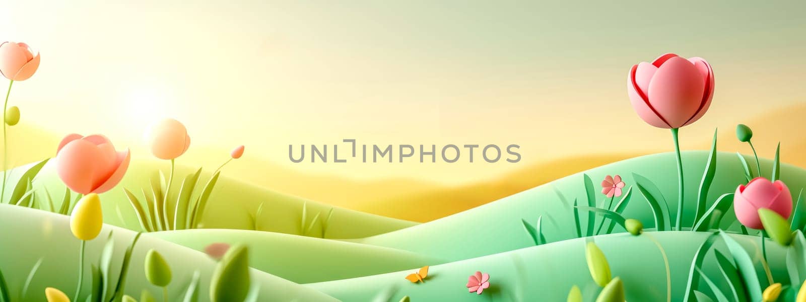 3D minimalist landscape of rolling hills with stylized tulips in soft reds and pinks, evoking the freshness and beauty of spring. banner with copy space