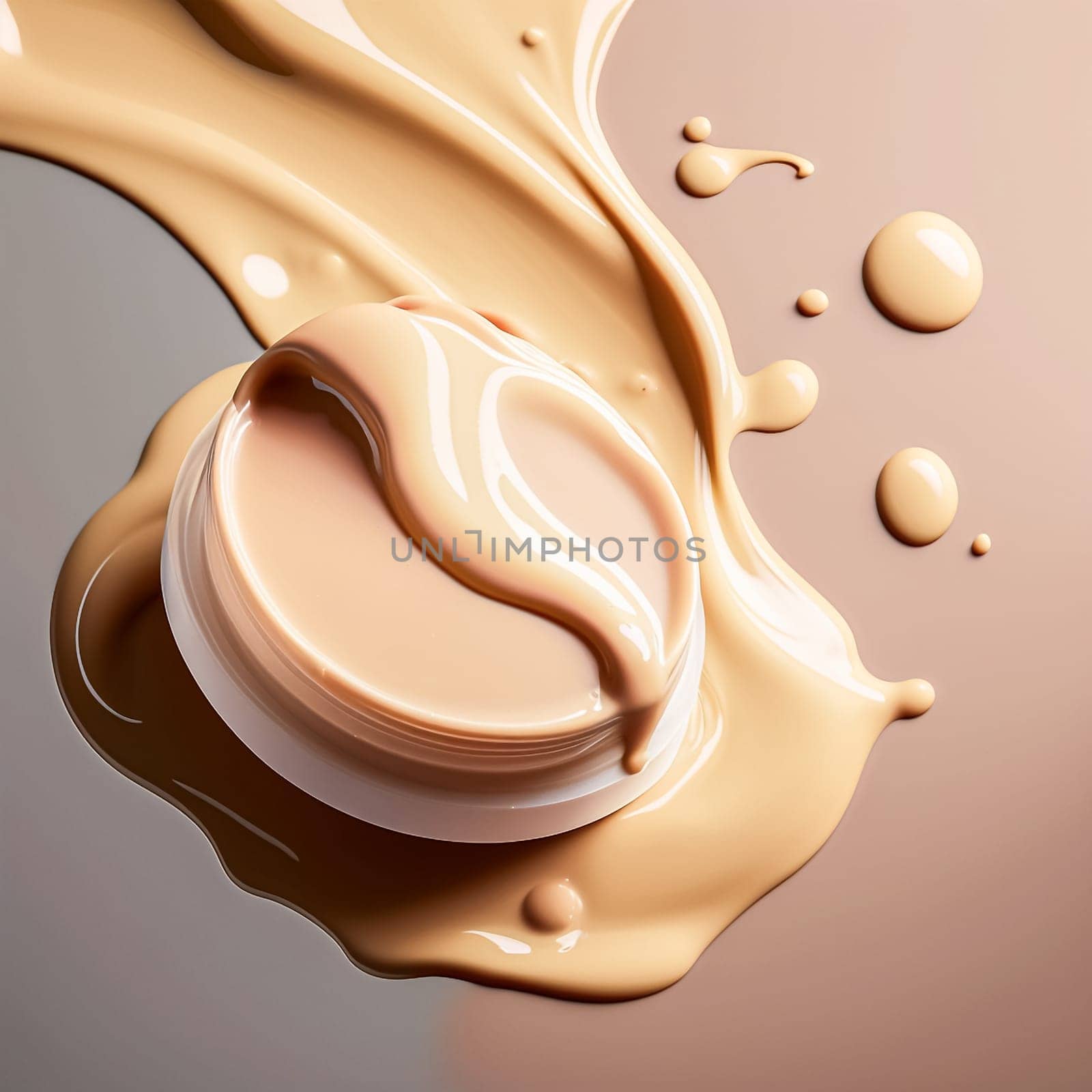Liquid foundation splashes on light clean background close up of isolated make up smudges or beige skin care fluid. Standard illustration for beauty and cosmetics.