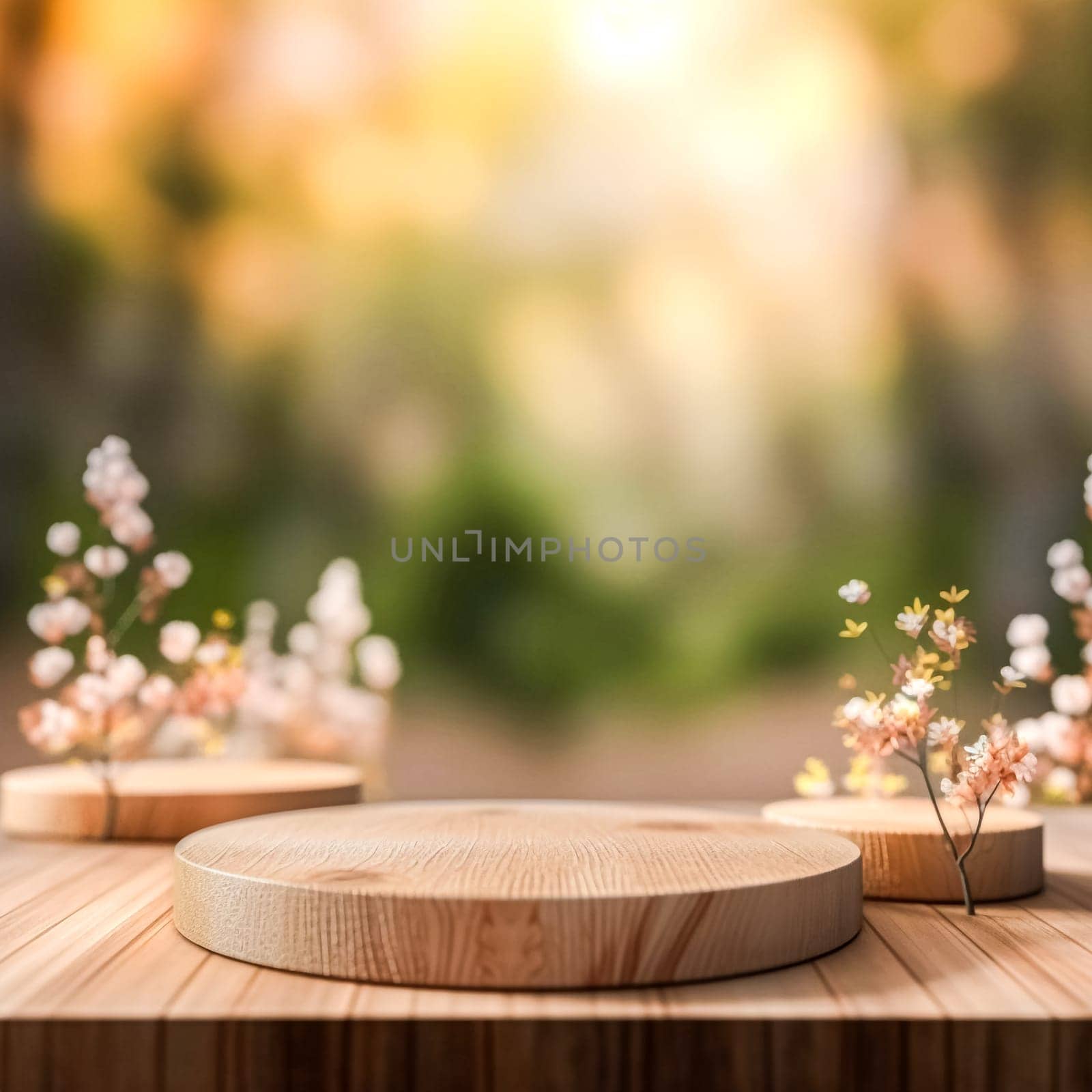 Wooden podium in a tropical forest standard illustration for product presentation against a lush green background. Natural and eco friendly concept.
