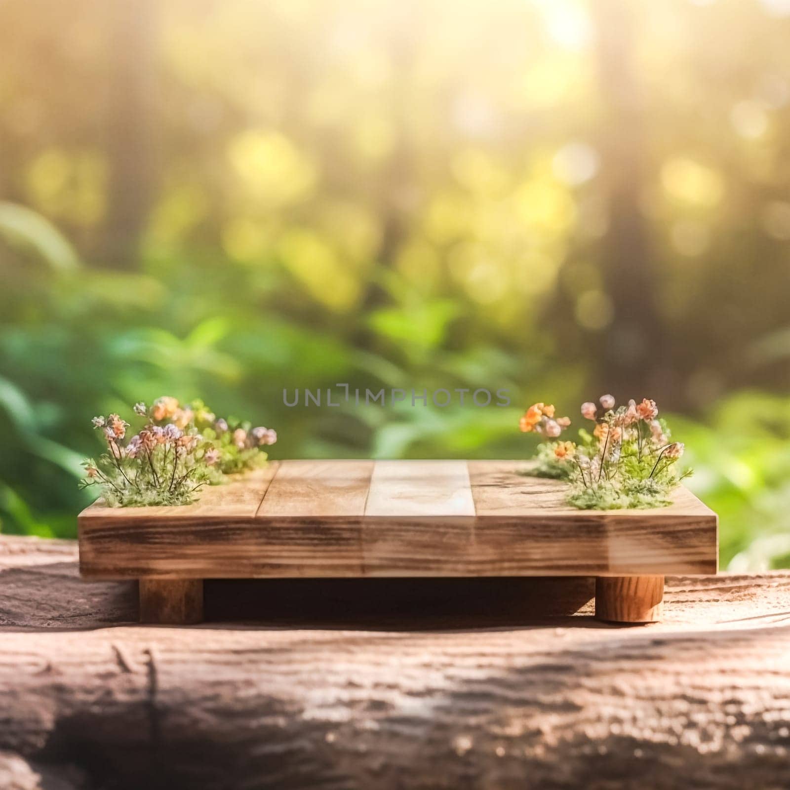 Wooden podium in a tropical forest standard illustration for product presentation against a lush green background. Natural and eco friendly concept.