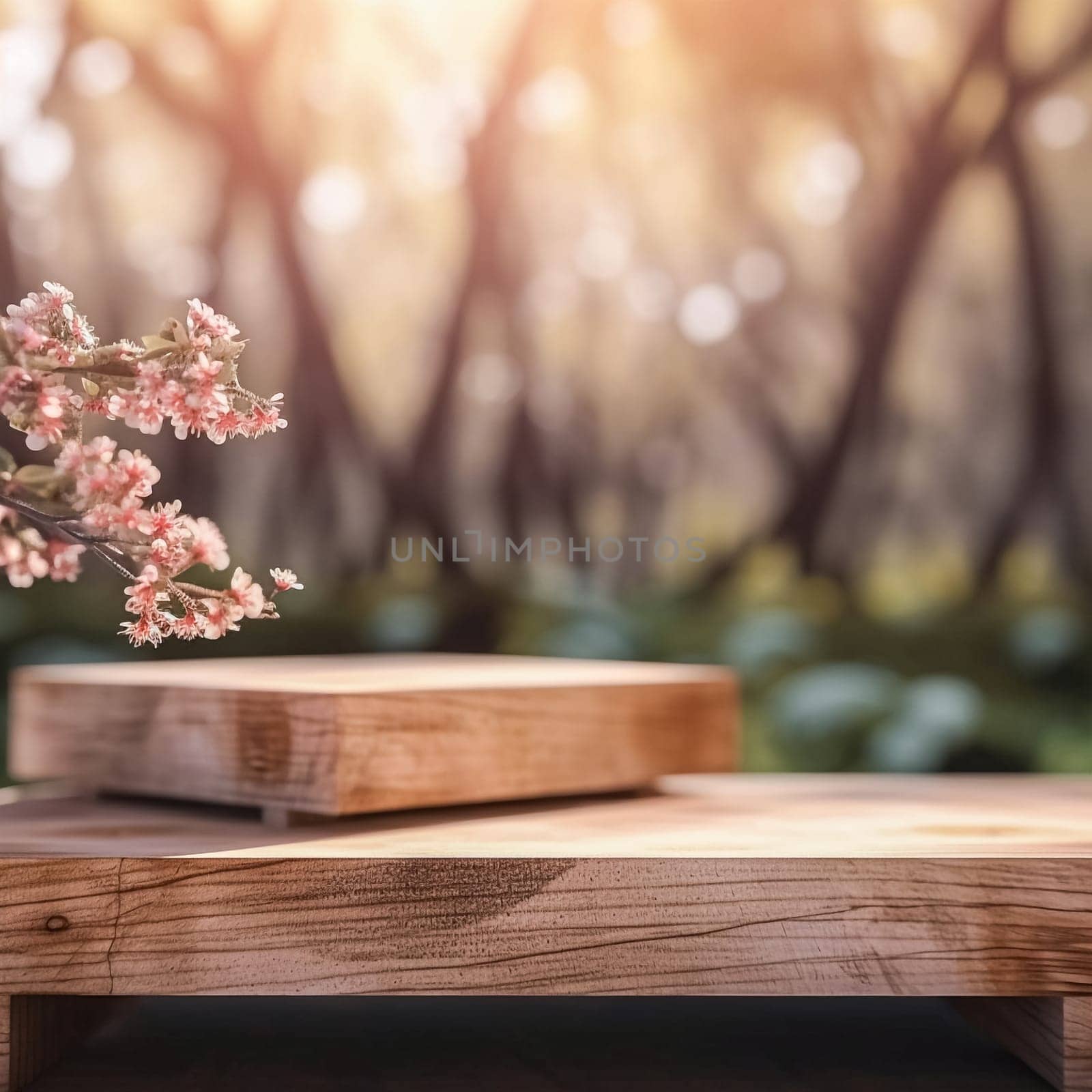 Wooden podium in a tropical forest standard illustration for product presentation against a lush green background. Natural and eco friendly concept.