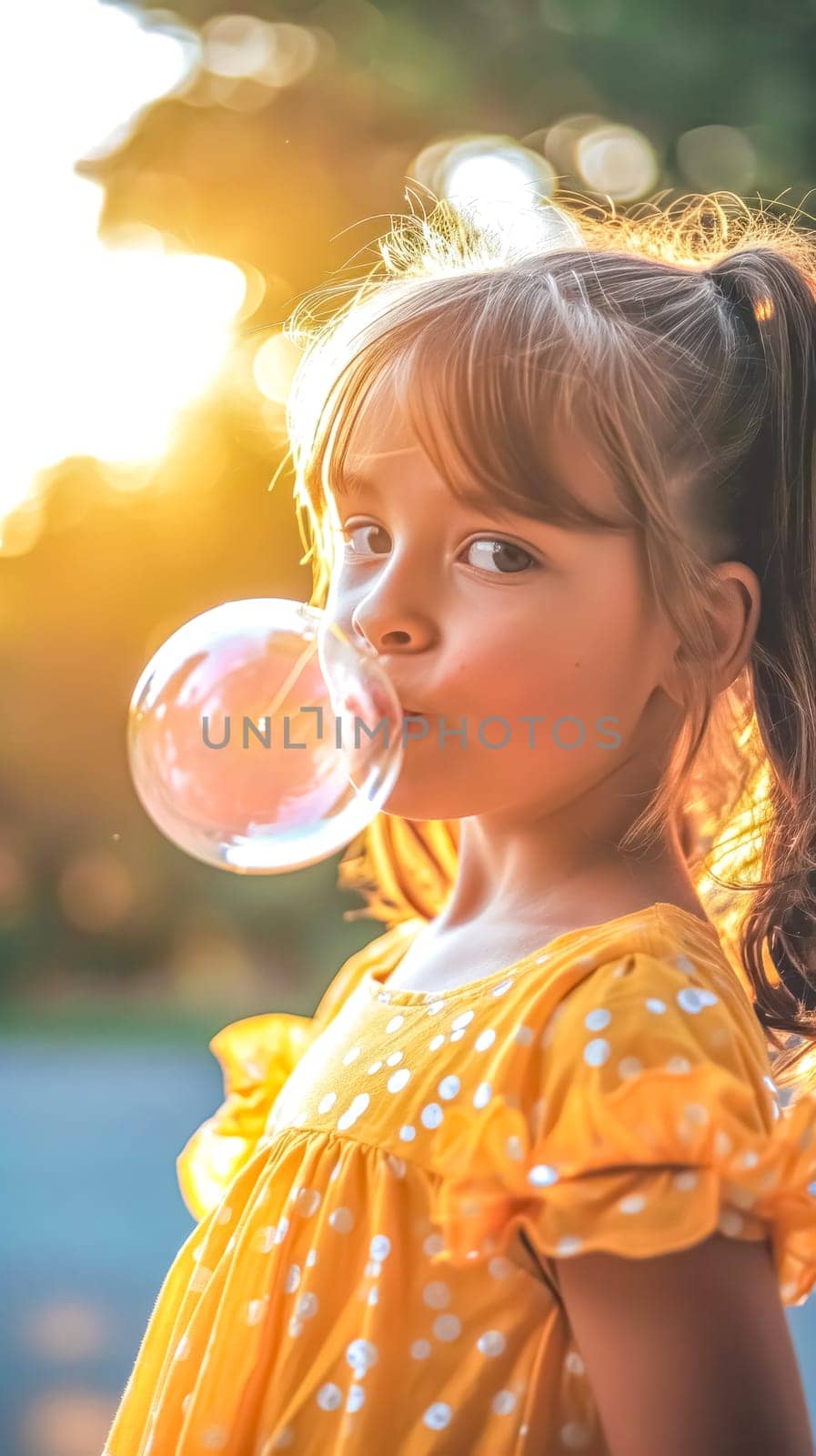 young girl in a yellow dress blowing a bubble gum bubble, with a soft-focus sunlit background, capturing a moment of playful innocence, vertical