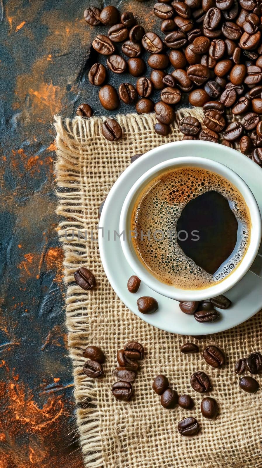 cup of freshly brewed coffee atop a saucer, surrounded by scattered coffee beans on a burlap cloth against a rustic, textured background with tones of blue and brown, evoking a cozy, vertical