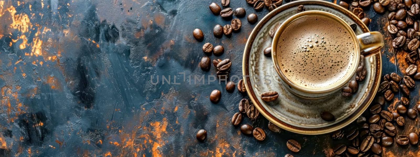 cup of coffee and coffee beans on a textured dark background, perfect for themes related to coffee, refreshment, and energy. banner with copy space