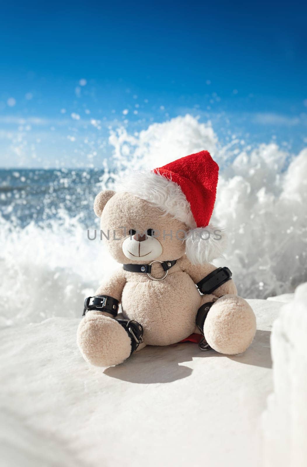 A New Year's teddy bear in a Santa Claus hat in a leather bdsm strap against the background of the sea and splashing waves on white stones. High Quality Full HD footage by Rotozey