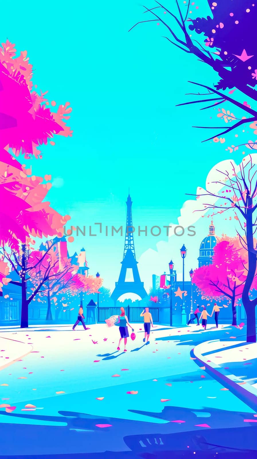 Paris with the Eiffel Tower in the background, featuring people walking along a path with trees in various shades of pink and blue. vertical