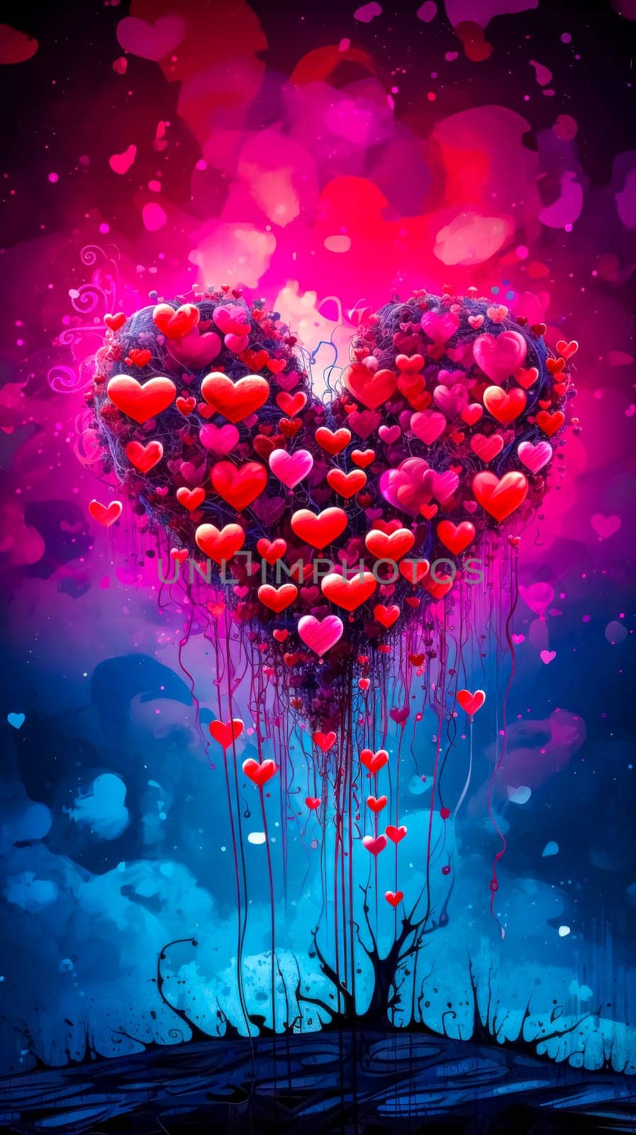 whimsical, heart-shaped tree with branches adorned with various sized hearts, set against a dreamy pink and blue background, embodying a romantic and fantastical Valentine's Day theme. vertical