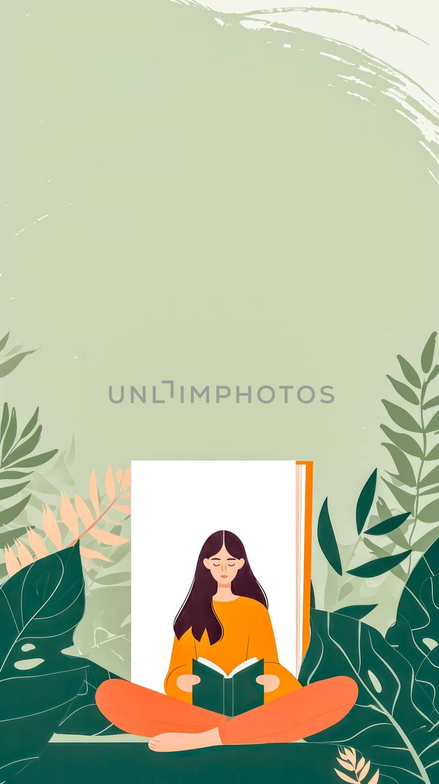 woman reading a book, sitting cross-legged against a backdrop of large leaves and a soft green gradient, evoking a sense of calm and introspection. vertical banner with copy space