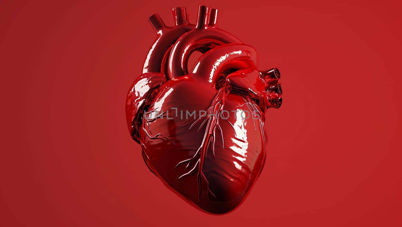 Real human heart in 3D. Red heart on red background computer graphics. A real human organ. by Sneznyj
