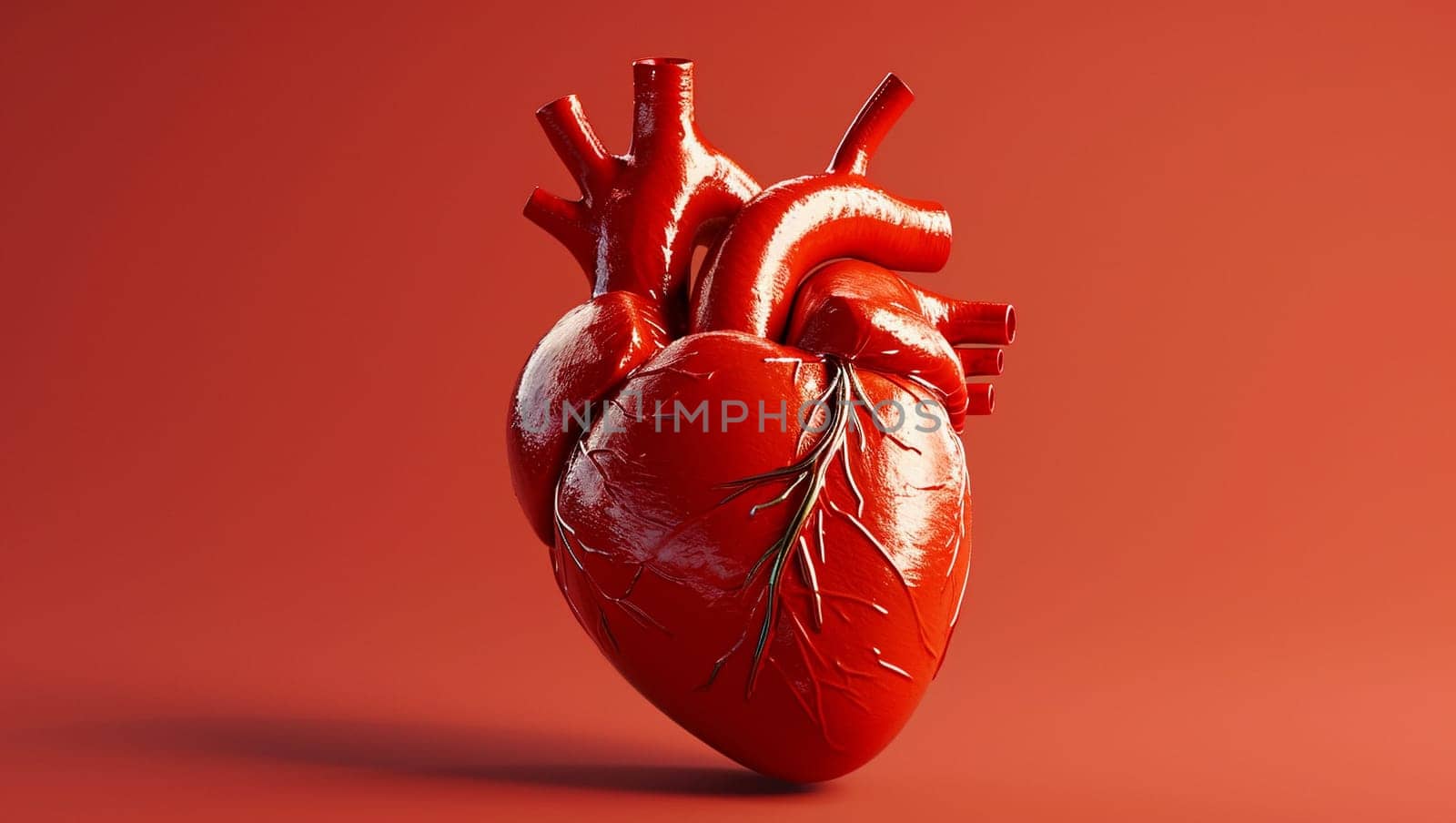 Real human heart in 3D. Red heart on red background computer graphics. A real human organ. by Sneznyj