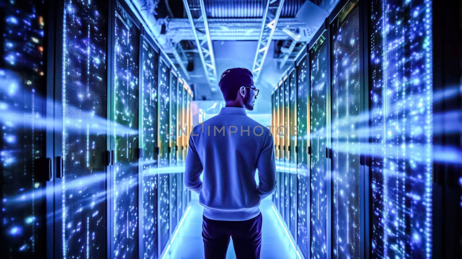 IT engineer walking through data center with rows of working rack servers standard illustration capturing the technical environment and expertise.