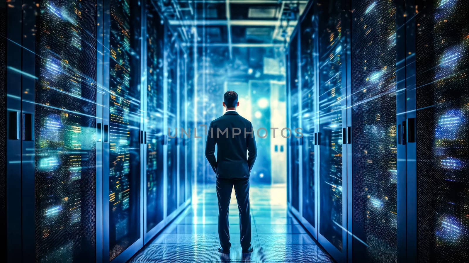 Businessman walks through data center corridor, visually inspecting working server racks standard illustration of technical expertise and management.