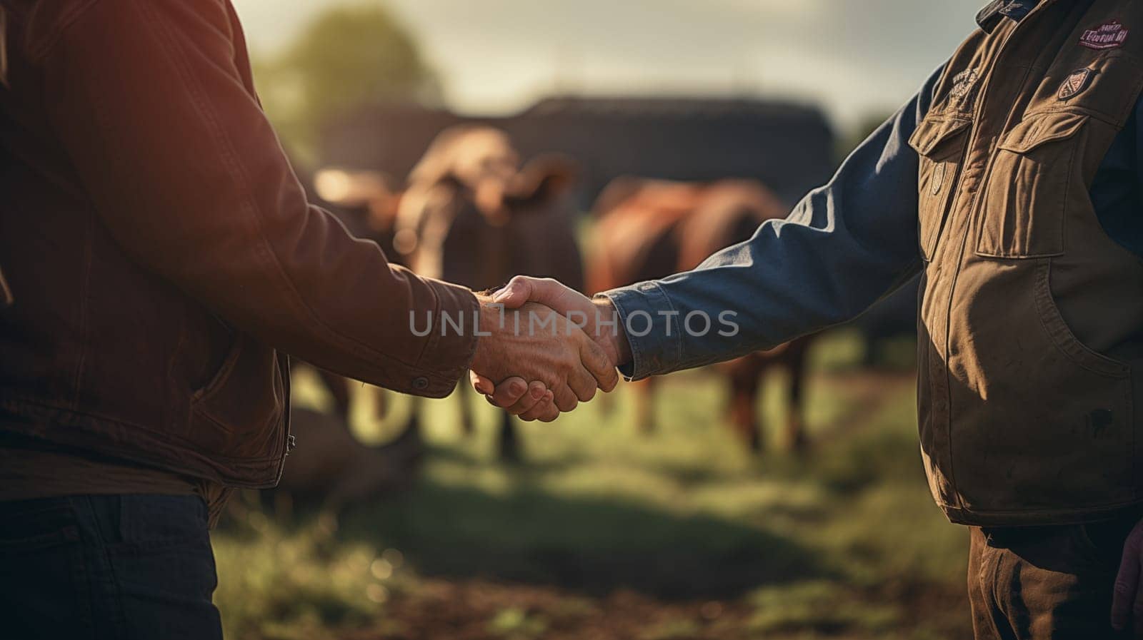Handshake of two men farmers against the background of a field with grazing brown cows, at sunset.