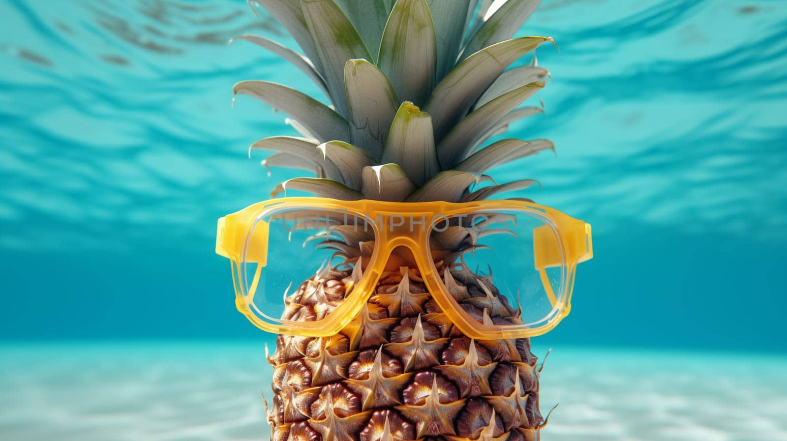 Close up of Pineapple in yellow underwater mask swimming under water in blue sea