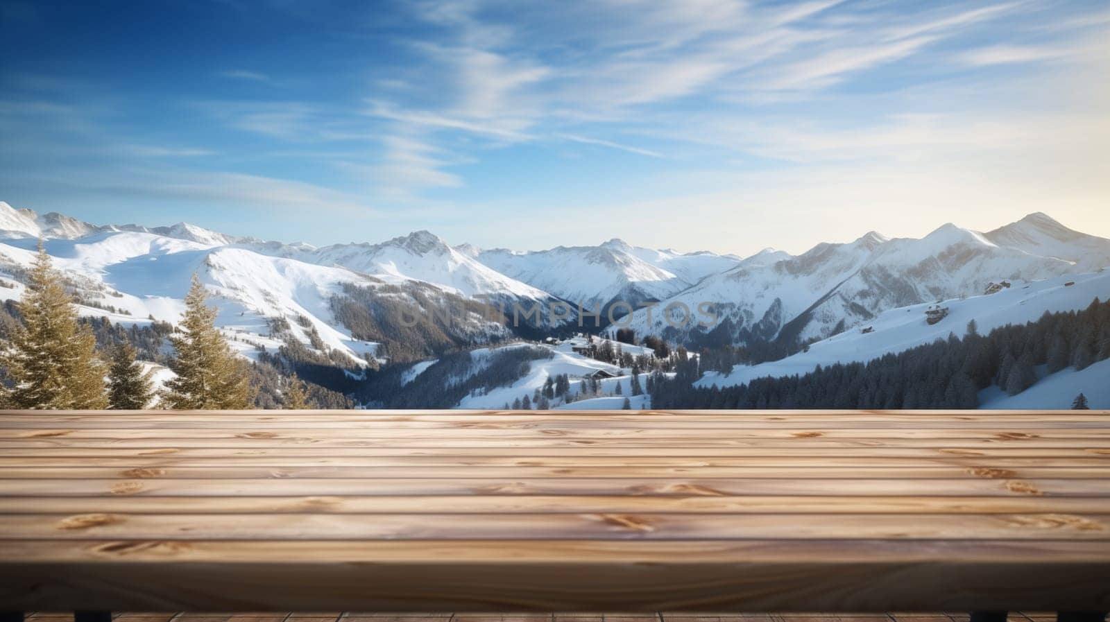 Wooden countertop, empty, with a beautiful view of the snowy mountains and blue sky.