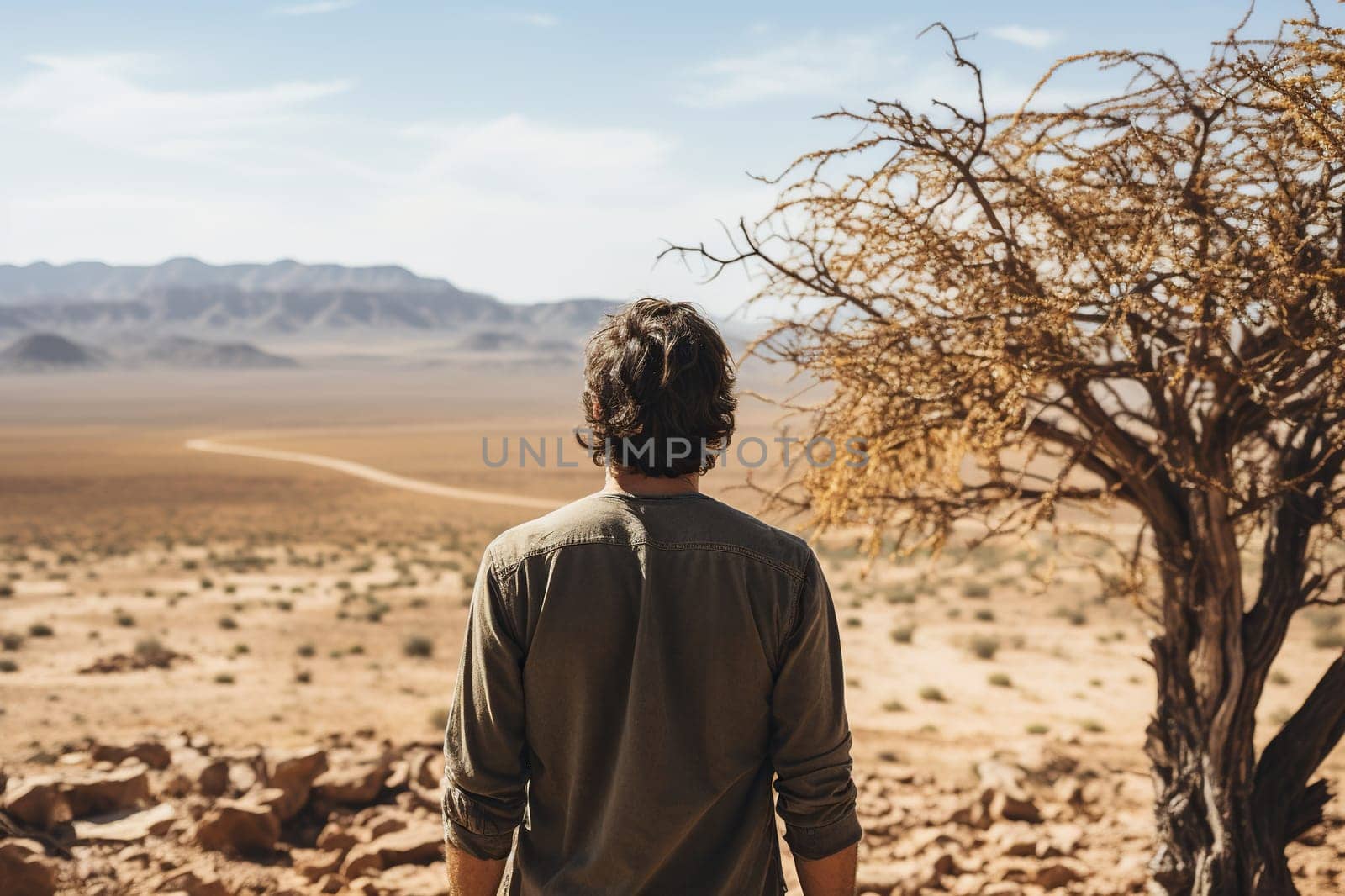A man looks into the distance at a deserted road.