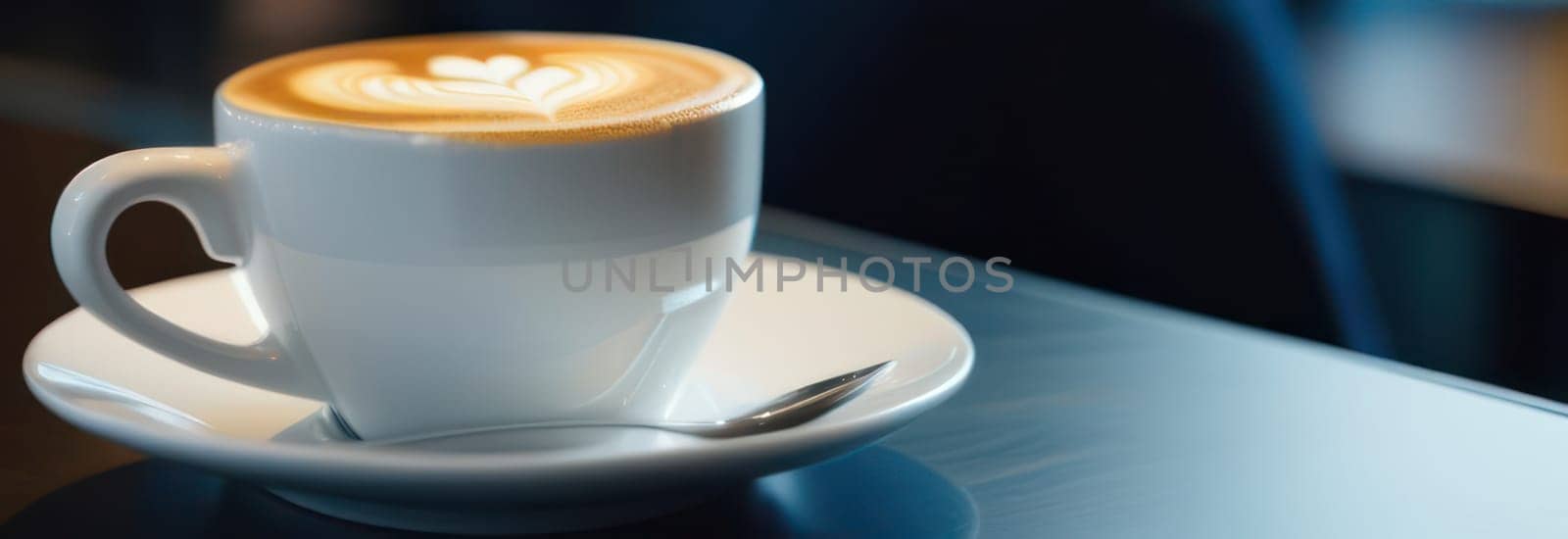 Cup of hot coffee on dark background.Long photo banner for website header design with copy space. Cafe menu concept idea background