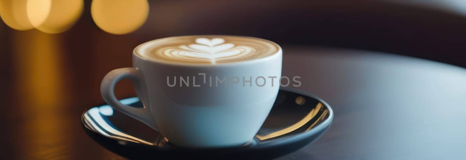 Cup of hot coffee on dark background.Long photo banner for website header design with copy space. Cafe menu concept idea background. by Angelsmoon