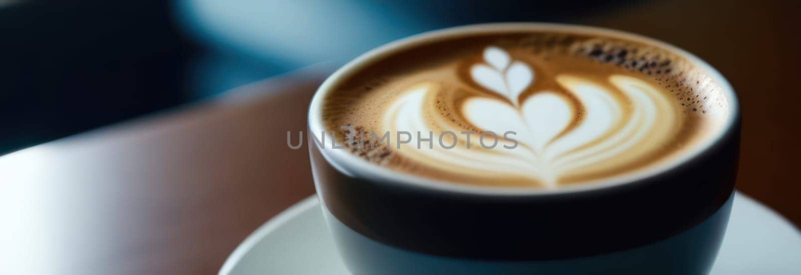Cup of hot coffee on dark background.Long photo banner for website header design with copy space. Cafe menu concept idea background. by Angelsmoon