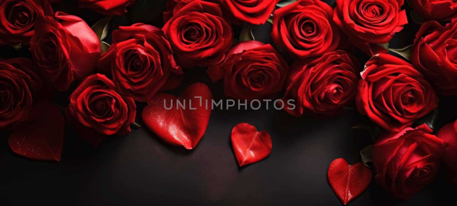 Roses, petals and hearts on a dark background with copy space by andreyz