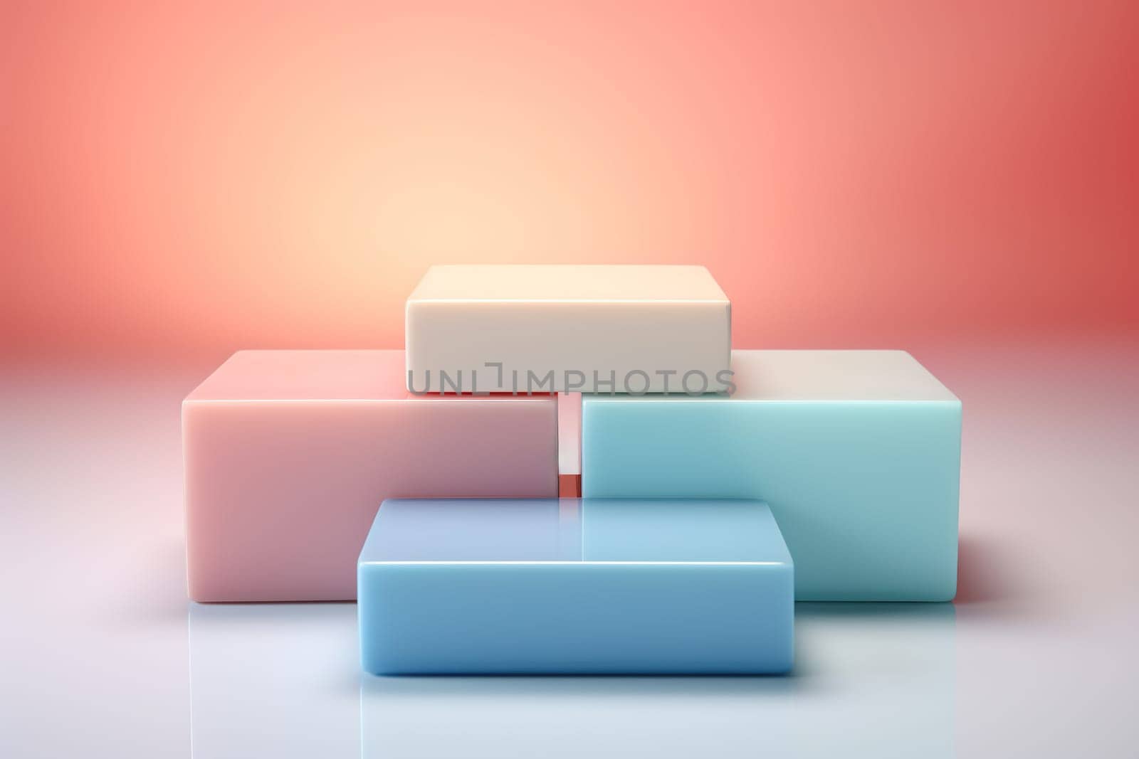 Square podium in soft pastel colors. Stage for product presentation. Creamy texture. Generated by artificial intelligence by Vovmar