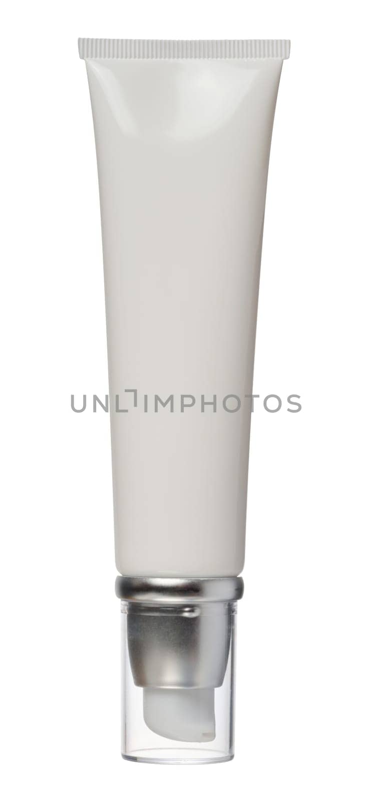 White plastic tube with a transparent cap and dispenser on an isolated background by ndanko