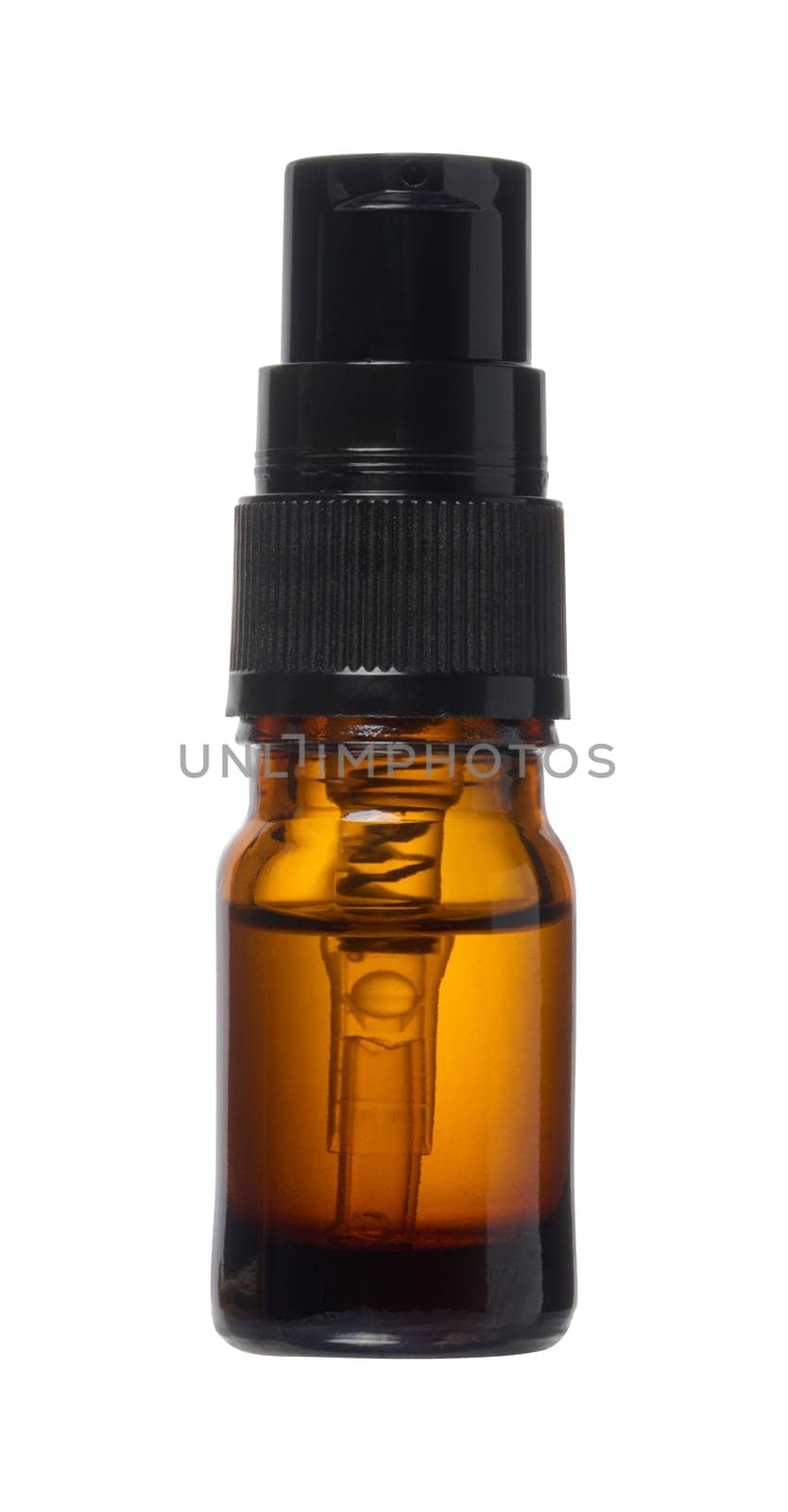 Brown glass bottle with sprayer on isolated background, container for cosmetics