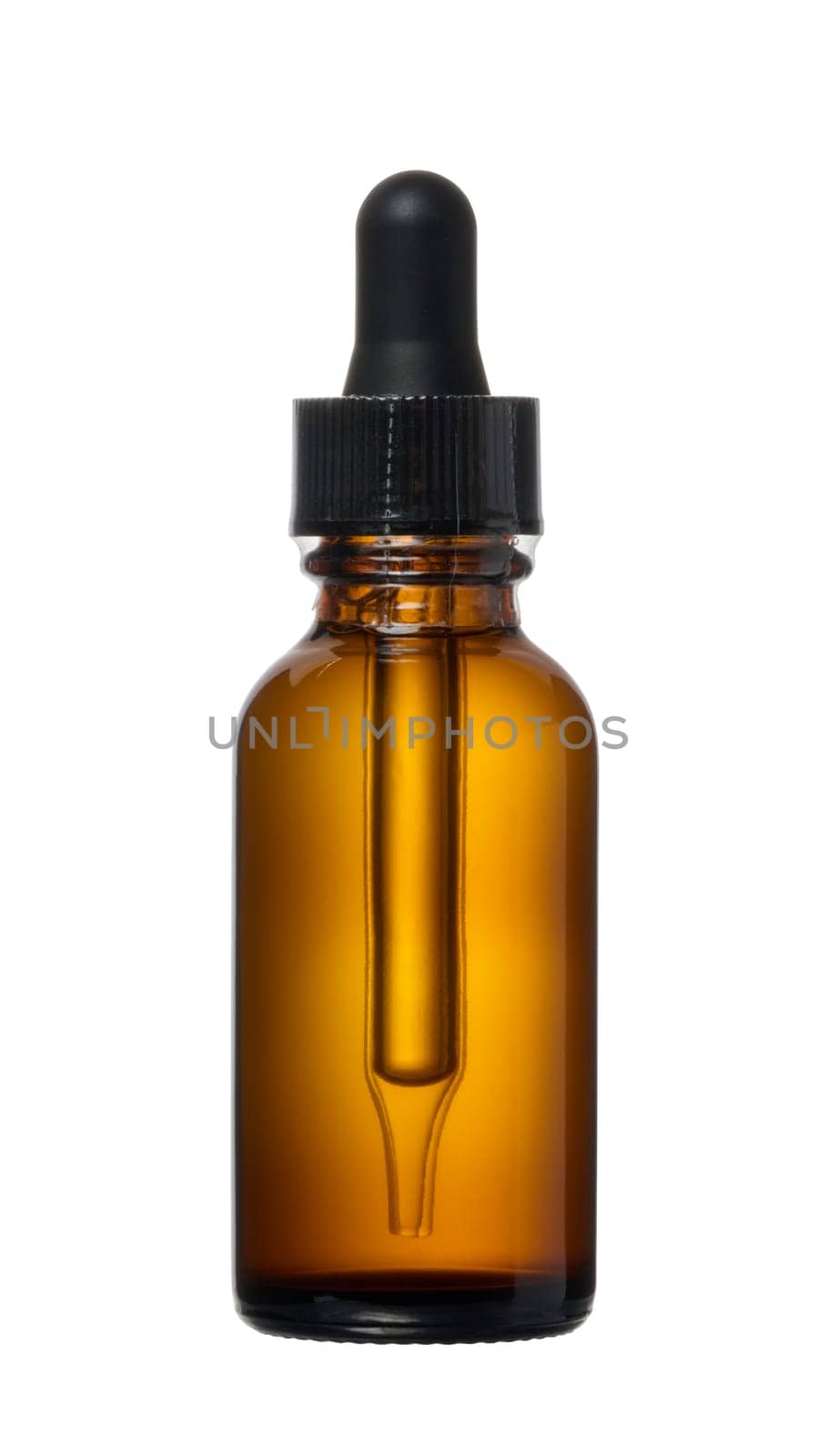 Brown glass bottle with pipette for cosmetics and oils on isolated background
