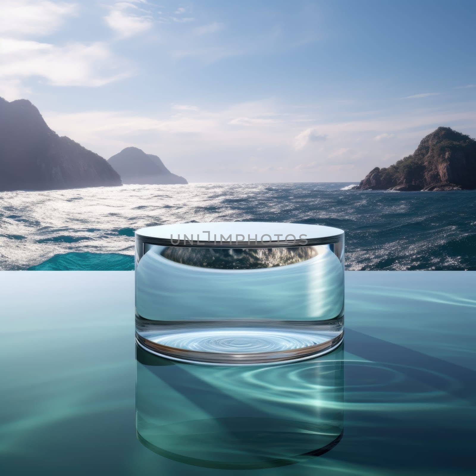 Glass podium against the backdrop of a sea landscape. Transparent podium on the water, stage for product presentation. Reflection of the sky in the glass