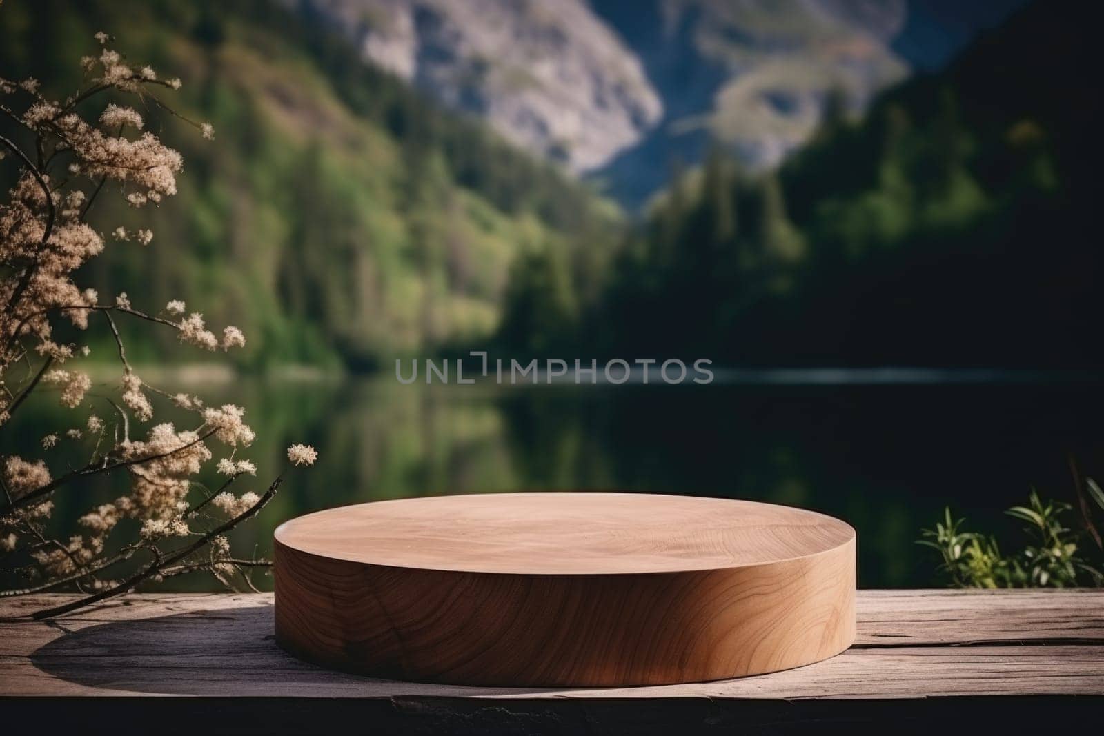 Table top wood counter floor podium in nature outdoors . Blurred green plant background. Natural product present placement pedestal stand display. by Vovmar