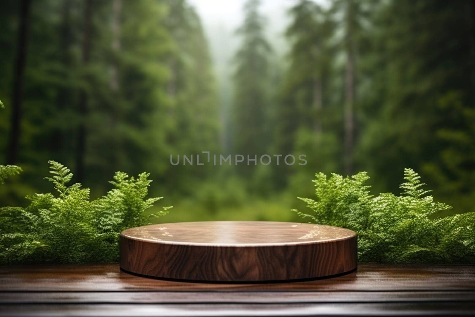 Table top wood counter floor podium in nature outdoors . Blurred green nature background. Natural product present placement pedestal stand display.