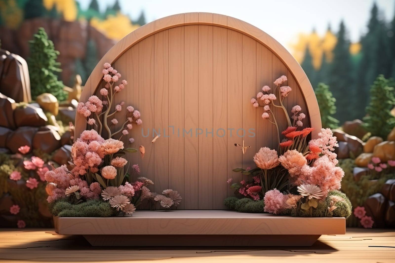 Wooden 3D podium with plants for the presentation of natural products. Generated by artificial intelligence by Vovmar
