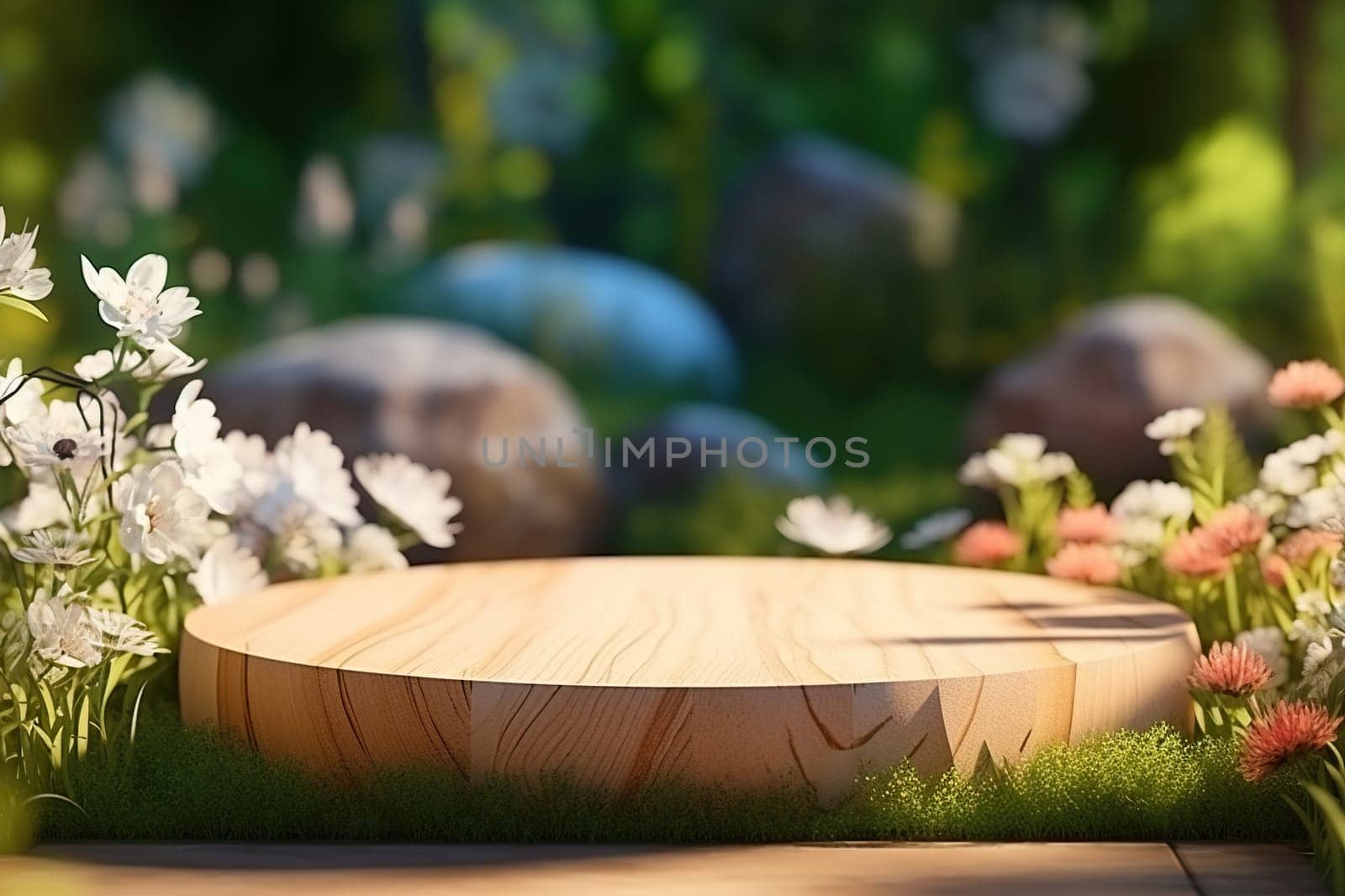 Wooden podium in nature with flowers. Blurred nature background. Stand for placing natural products. Generated by artificial intelligence by Vovmar