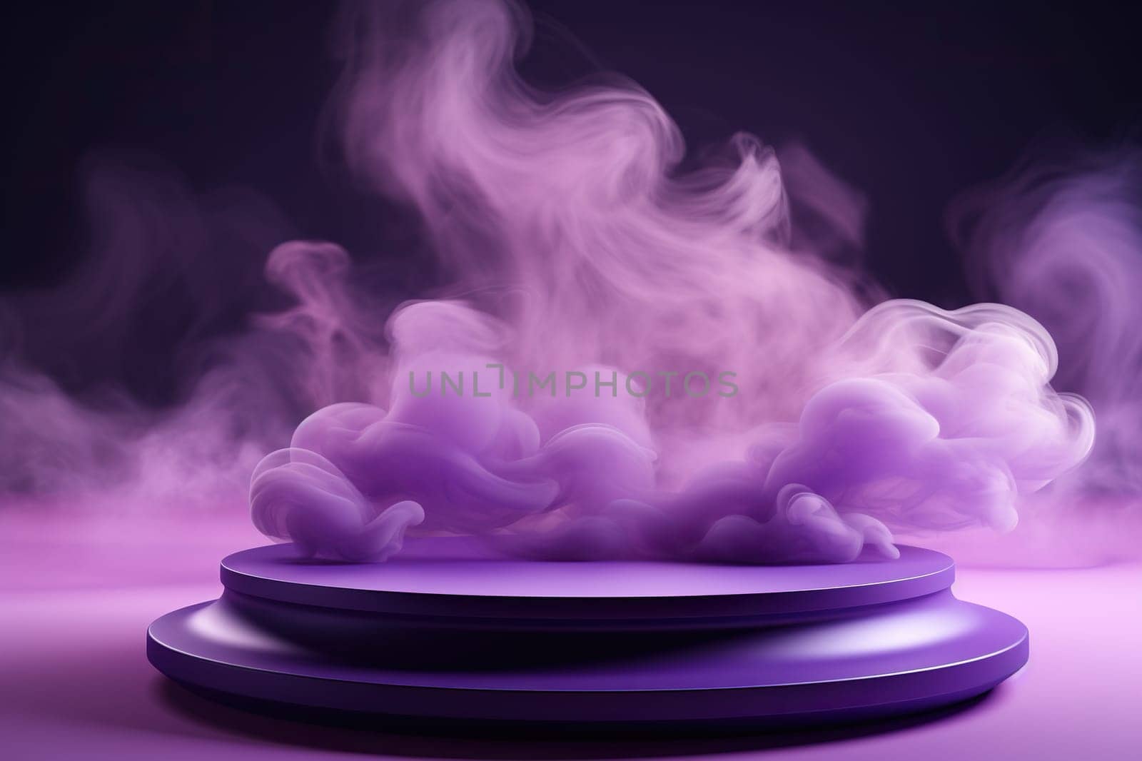 3D podium in clouds of purple smoke. Generated by artificial intelligence by Vovmar