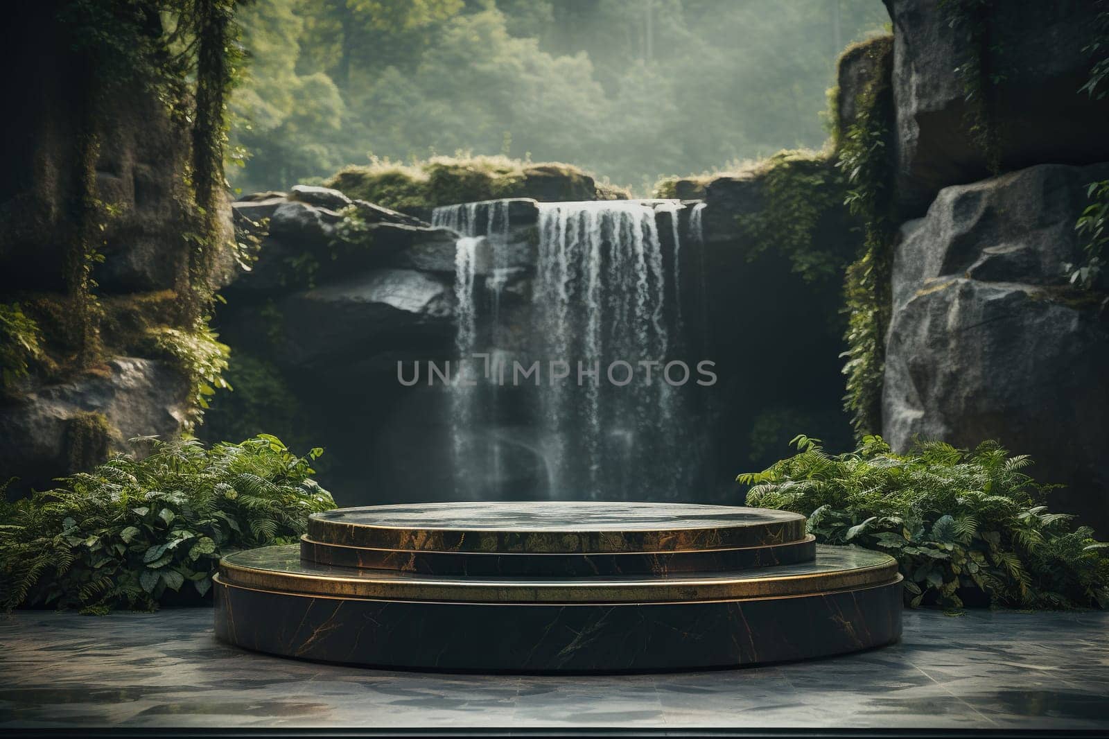 Stone 3D podium for product presentation against the backdrop of a waterfall.