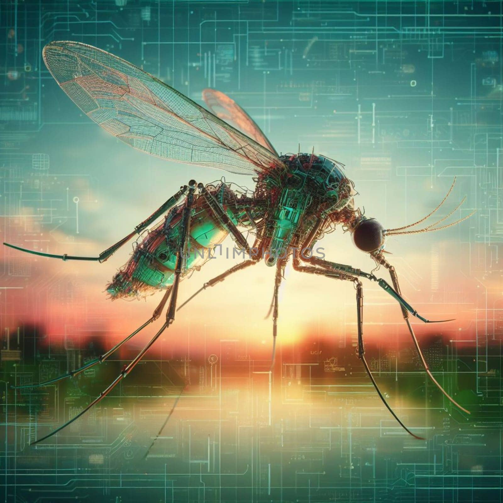 genetically modified macro closeup of nano robot engineered weapon mosquito in action concept design depopulation evil plan generative ai art