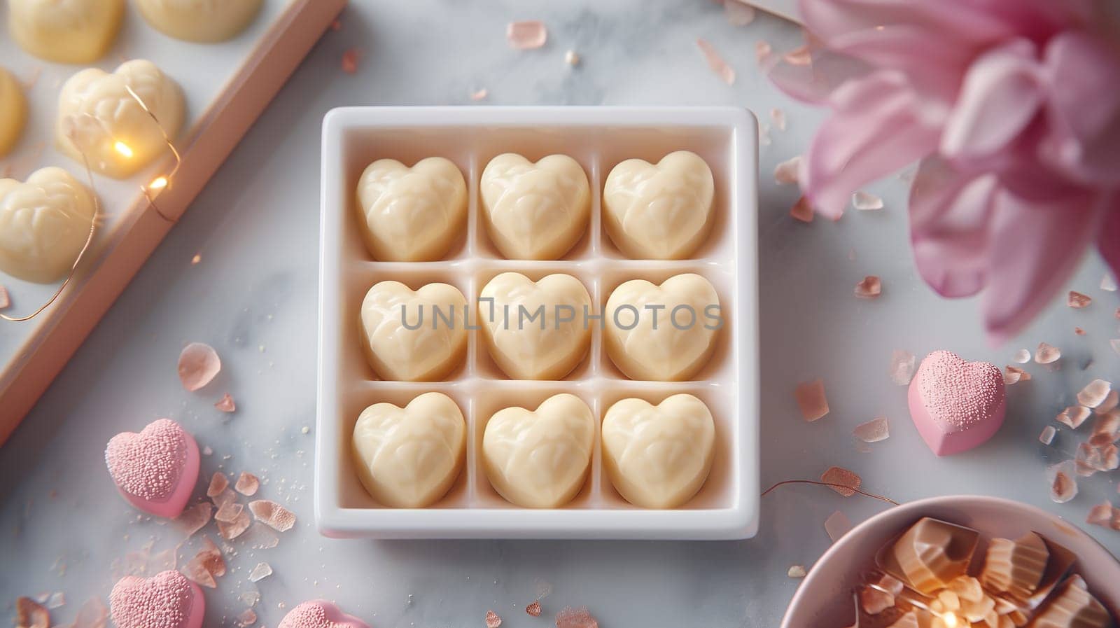 White Day or Valentine Day Concept. Top View of White Box With White Chocolate Sweet in Shape OF Heart, Flower and Light Around. AI Generated. Horizontal Plane. Gift, Beautiful Present by netatsi