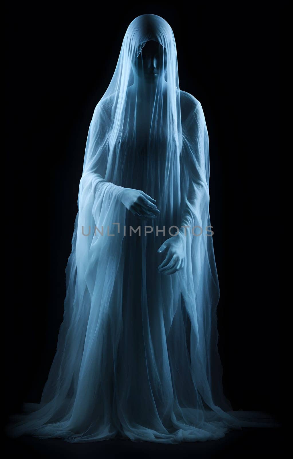 A mysterious woman ghost cloaked in a billowing white veil evokes a sense of ethereal beauty and untold secrets