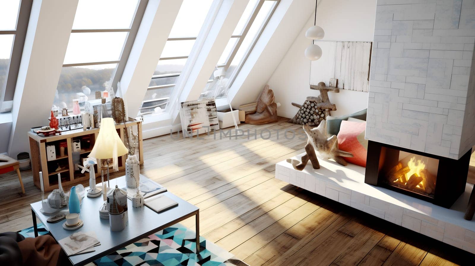 A Cozy Room with Elegant Furniture, large windows and fireplace - Generative AI
