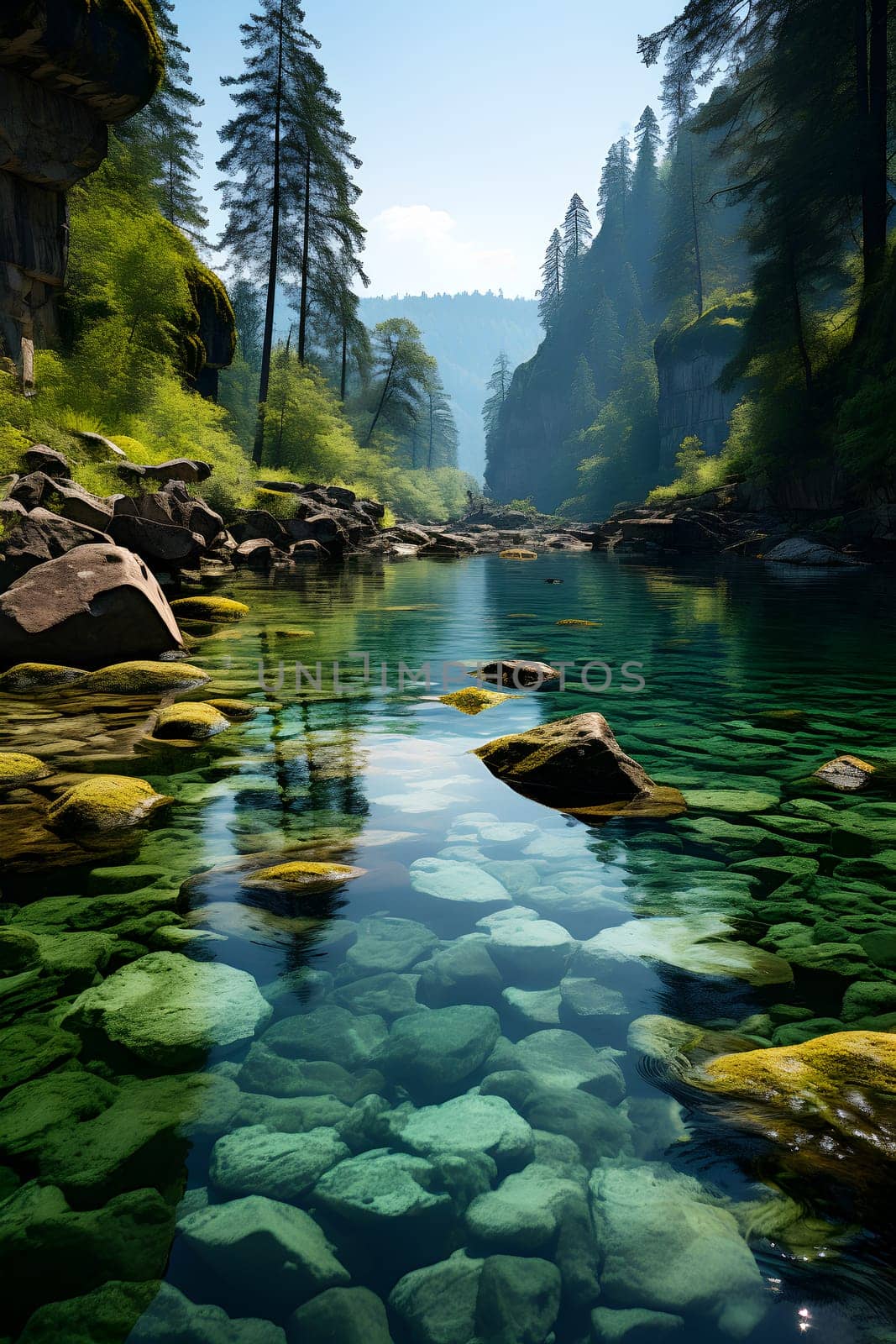 Crystal clear river flowing through a sunlit forest with moss-covered rocks by chrisroll