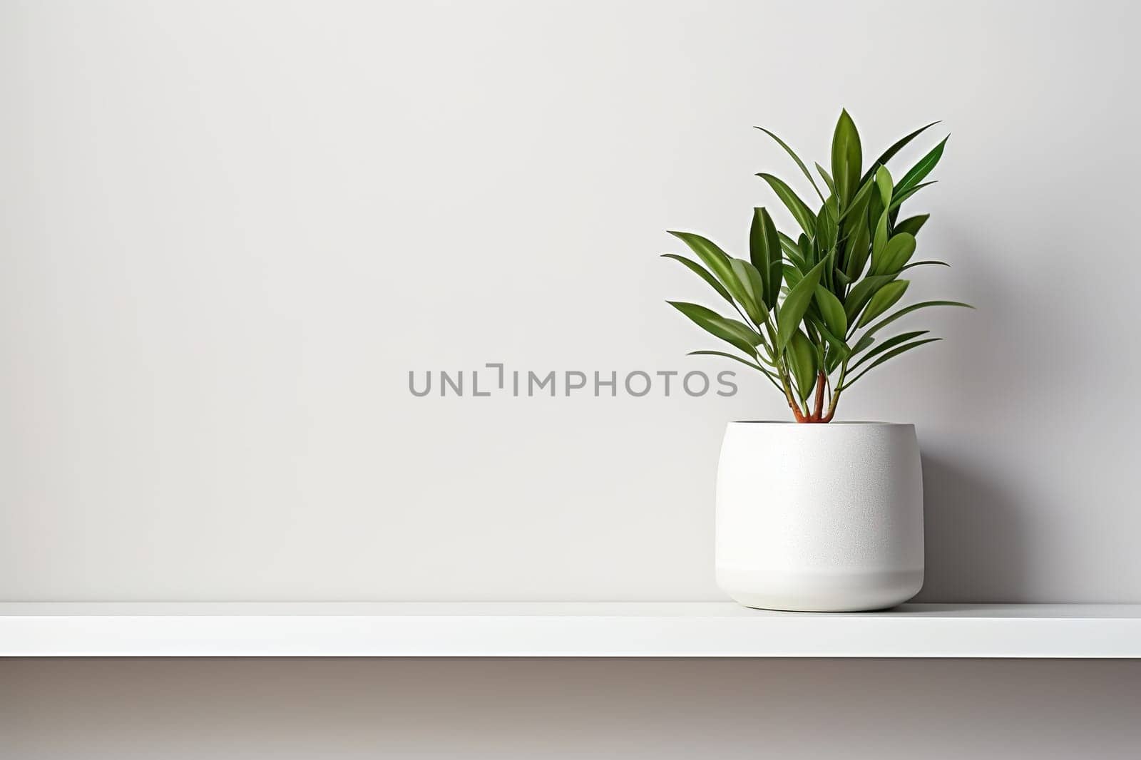 Wooden shelf with a green plant in a white pot against a white wall. Generated by artificial intelligence by Vovmar