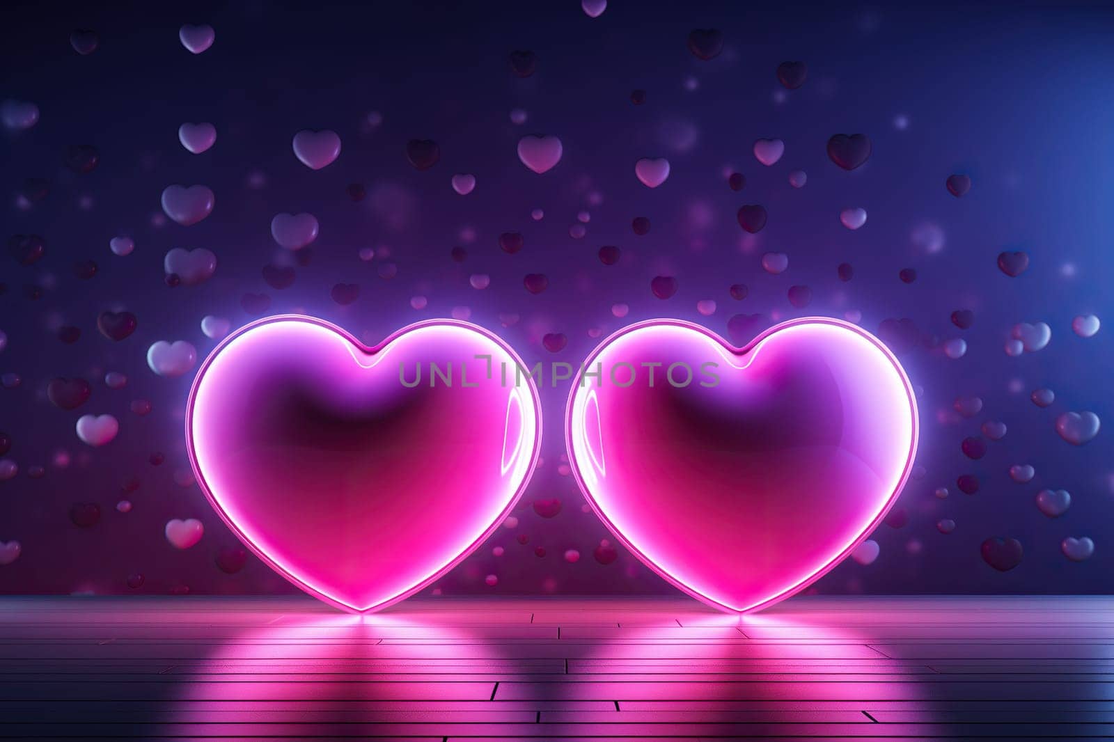 Two large pink hearts with a neon glow on a blue background. Valentine's Day concept. Generated by artificial intelligence by Vovmar